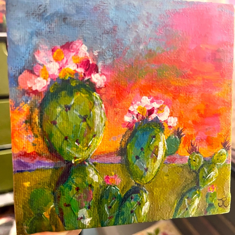 Original mini acrylic cactus painting 4x4”